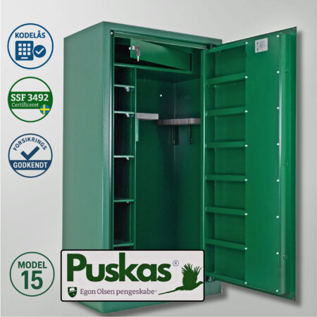 • PUSKAS våbenskab fra Egon Olsen pengeskabe. Godkendt våbenskab SSF 3495 i stål med M-LOCKS kodelås (VdS klasse 2) • Våbenskab SSF 3495 med STUV nøglelås (VdS klasse 1) og indvendige hængsler