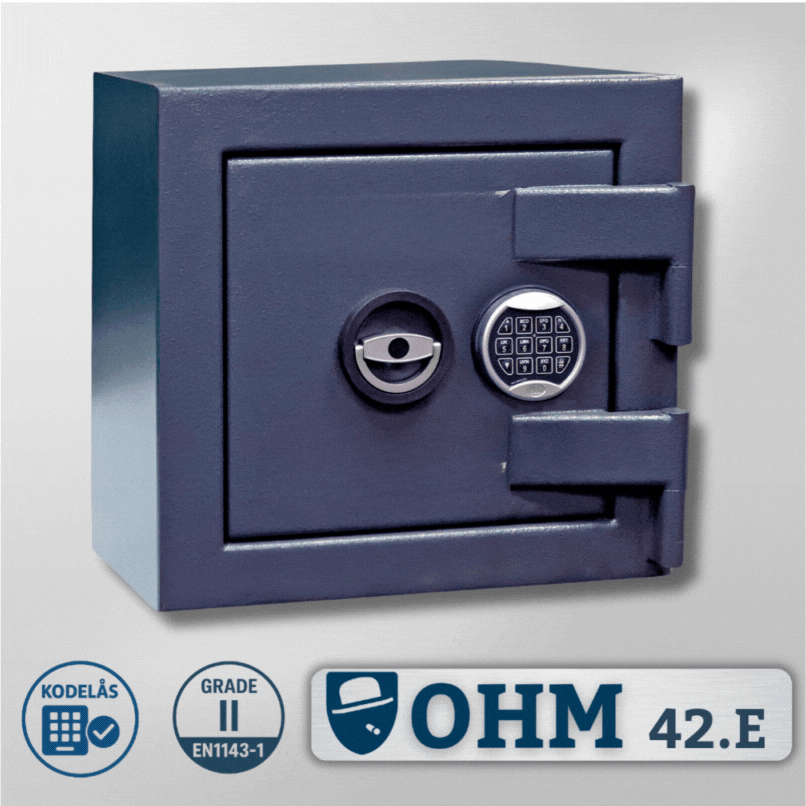 Egon Olsen Model OHM E Pengeskab – Kompakt - et af markedets mindste - og Højsikret, Visning af pengeskabets ydre og låsefunktioner