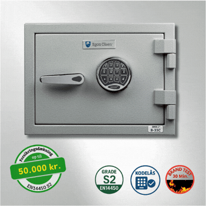 Egon Olsen pengeskab. Brand certificering EN15659 - LPS30. Brandtestet til 30 minutter